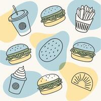 Fast food icons set, hamburger, fries, soda, ice cream, burger, fries, vector