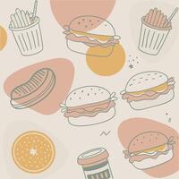 Fast food seamless pattern with hamburger, fries and drink vector