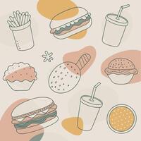 Fast food icons set, including hamburger, fries, soda, and more vector