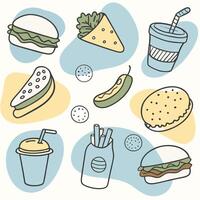 Fast food icons set, hamburger, fries, soda, ice cream, burger, sandwich, vector