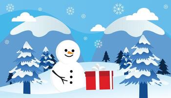 Snowman Smiling When Finding Red Gift Box with Snow Covered Mountains and Pine Trees Background vector