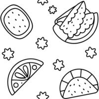 A coloring page with various foods vector