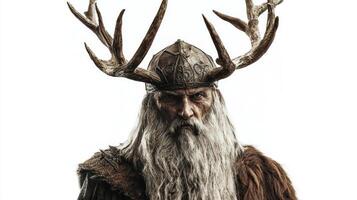 Scandinavian god Forseti stands with a commanding presence displaying detailed antlers and a long beard reflecting wisdom and authority in a timeless setting. photo