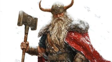 Baldr a prominent Scandinavian god is depicted with an impressive axe adorned with traditional attire. His fierce expression captures the essence of Norse mythology in a winter setting. photo