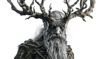 Chernobog the Scandinavian god with striking realism. His weathered features and elaborate antlers convey a powerful presence set against a stark white backdrop. photo