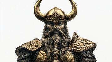 Heimdall the guardian of the Bifrost appears in detailed armor and striking horns embodying the strength of Scandinavian mythology on a clean white backdrop. photo