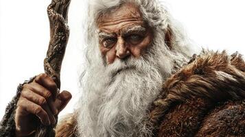 Hodr the Scandinavian god associated with darkness is depicted with a long beard and rustic clothing. He holds a staff embodying strength and mystery in a striking pose. photo