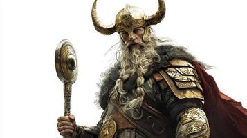 Heimdall stands majestically showcasing his detailed armor and striking features embodying the protector of Asgard with his powerful presence and watchful gaze. photo