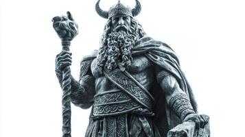 Scandinavian god Hodr stands confidently adorned with horned helmet and intricate attire symbolizing his powerful role within Norse mythology set against white background. photo