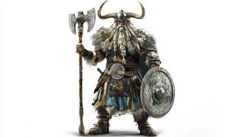 depiction of Ullr showcases a powerful Scandinavian deity complete with his axe and shield reflecting strength and valor associated with winter. photo