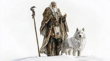 Skadi Norse goddess winter is portrayed in realistic style exuding strength and wisdom accompanied by her loyal white wolf on a snowy landscape. photo