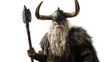 Vidar a powerful Scandinavian god stands confidently with his axe in hand. His fierce expression and distinctive attire reflect Norse mythologys rich tradition. photo