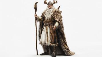 Vili a prominent figure in Scandinavian mythology stands with an imposing presence adorned in elaborate attire and holding a staff showcasing his divine nature. photo