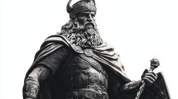 striking depiction features Vidar the Scandinavian god associated with vengeance standing confidently. His majestic armor and staff reflect ancient Norse mythology with detailed craftsmanship. photo