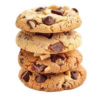 Stack of four delicious chocolate chip cookies isolated on white background photo