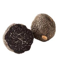 Black truffle mushroom cross section showing texture on white background photo