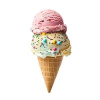 Ice cream scoops with sprinkles melting on waffle cone photo