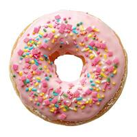 Sweet donut with pink icing and colorful sprinkles tempting you to have a bite photo