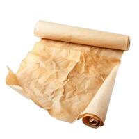 Old crumpled paper scroll unfurling on white background photo