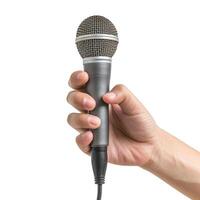Hand holding a microphone with white background photo