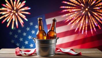 Icecold beers with patriotic flair two bottles surrounded by an American Flag and firework rockets photo
