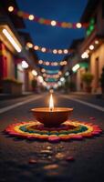 A 3Drendered Diwali celebration scene featuring a lit diya lamp in the middle of a festive street with colorful rangolis and happy Diwali festival background photo