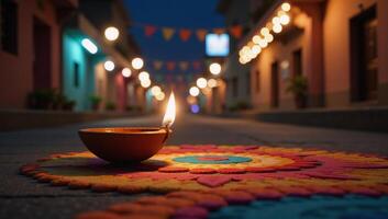 A 3Drendered Diwali celebration scene featuring a lit diya lamp in the middle of a festive street with colorful rangolis and happy Diwali festival background photo