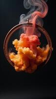 An abstract image featuring an occult wheel explosion smoke cloud with fiery orangered yellows swirling in a circular glow against a dark backdrop within a round ink and water frame photo