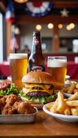 Fourth of July beer and burgers at an American eatery with patriotic decor photo