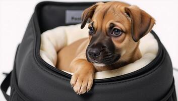 Cute puppy with curious facial expression in a carrier photo