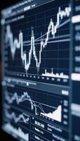 Financial chartsprofit graphs showing business stock market trends analyzed using candlestick graphs against a dark blue backdrop photo
