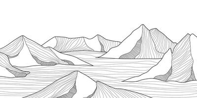 Line art background with mountains. Black and white landscape design for fabric, prints, and wall art. Simple line drawing of one line mountain. vector