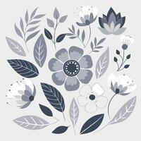 A set of black and white flowers and leaves vector