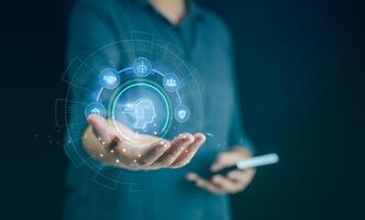 Ai, artificial intelligence business technology using bot, learning machine, automation innovation, smart virtual computer software analysis. Concept of big data, cloud computing, wireless technology. photo