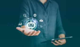 Ai, artificial intelligence business technology using bot, learning machine, automation innovation, smart virtual computer software analysis. Concept of big data, cloud computing, wireless technology. photo