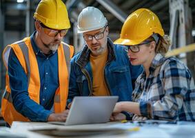 Laptop-centered meeting with an architect and engineers discussing construction project insights photo