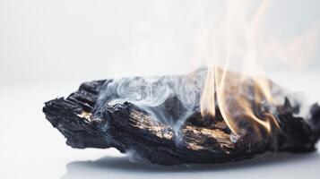 A piece of coal is burning on a white surface photo