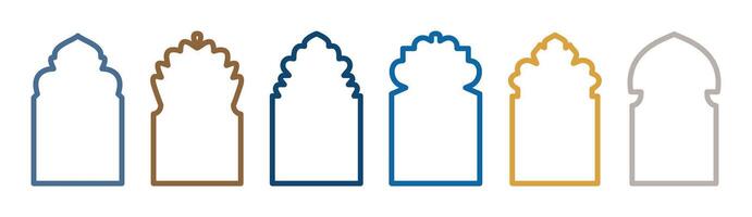 Set of Islamic frames shapes badges. set of Islamic Bagde. Arab frame oulone set. Islamic window line shape collection. Arabic, Muslim architecture outline frame. Traditional Moroccan, oriental design vector