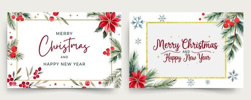 Horizontal watercolor cards with branches of christmas tree and lettering. Merry Christmas and New year frames vector