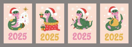 Set of festive illustrations featuring snakes in Santa hats, celebrating Chinese New Year 2025 in flat style. The playful designs include gifts, oranges, Christmas trees, and lights. vector