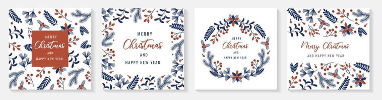 Elegant flat style Christmas greeting cards featuring festive botanical elements in blue and red colors. Perfect for spreading holiday cheer and celebrating New Year in a minimalistic modern design. vector