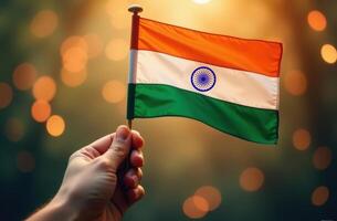 Close-up of a man holding an Indian flag in his hand on a festive background. Indian Independence Day, Republic of India Day photo