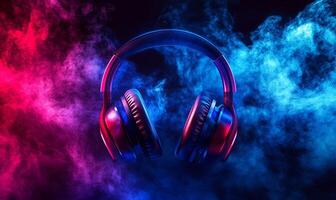 A pair of black headphones with a red and blue smoke background. photo