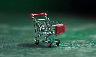 A miniature shopping cart sits on a textured green surface. photo