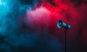 A megaphone stands in front of a red and blue smoky backdrop. photo