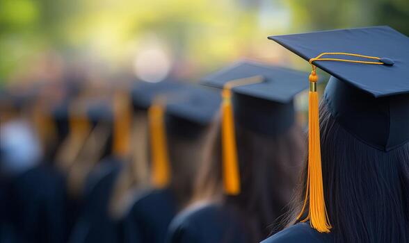 A line of graduates in caps and gowns with gold tassels, standing in a crowd, blurred in the background. photo