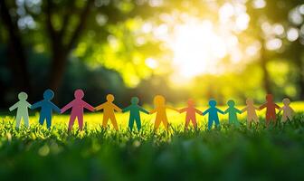 A line of colorful paper people holding hands in a grassy field with the sun shining in the background. photo