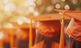 A line of graduates in orange caps and gowns stand in a ceremony, with blurred bokeh lights in the background, symbolizing a bright future. photo