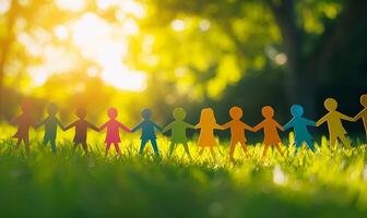 A line of colorful paper people holding hands, standing in a grassy field with the sun shining in the background. photo