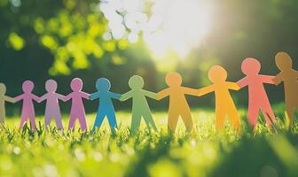 A line of colorful paper people holding hands in a grassy field, with the sun shining in the background. photo